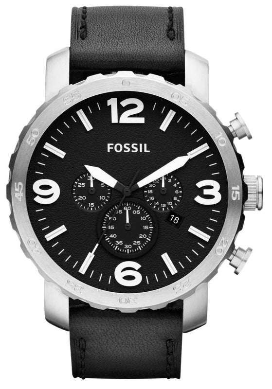 Fossil Nate Chronograph Black Dial Black Leather Strap Watch for Men - JR1436