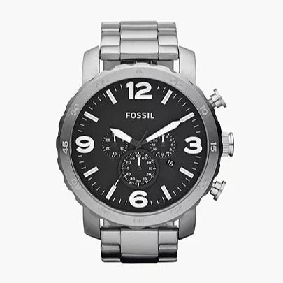 Fossil Nate Chronograph Black Dial Silver Steel Strap Watch for Men - JR1353