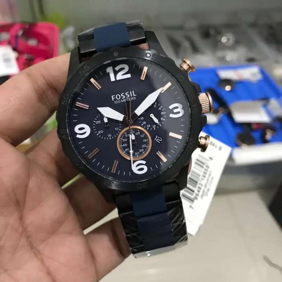 Fossil Nate Chronograph Blue Dial Two Tone Steel Strap Watch for Men - JR1494