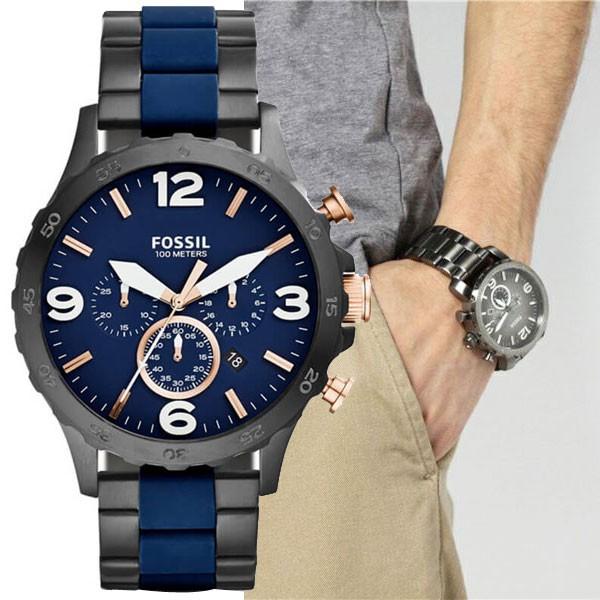 Fossil Nate Chronograph Blue Dial Two Tone Steel Strap Watch for Men - JR1494