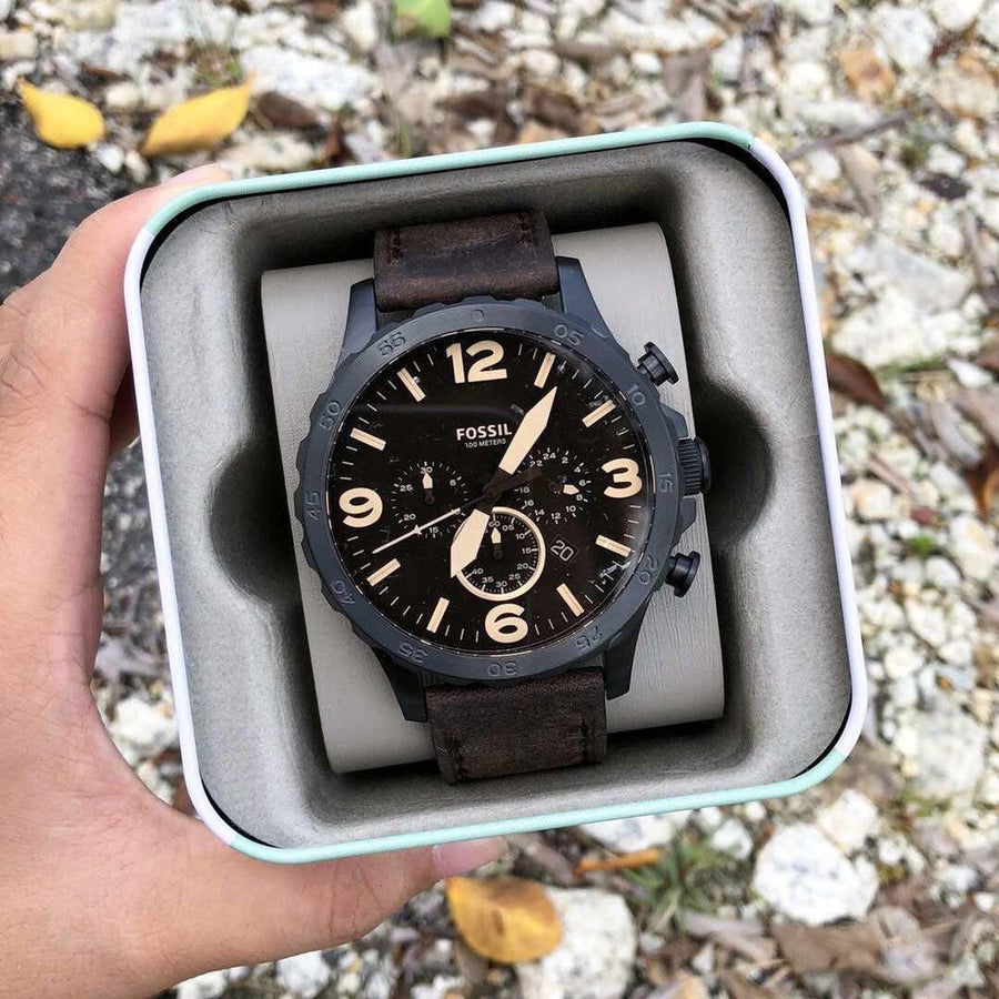 Fossil Nate Chronograph Brown Dial Brown Leather Strap Watch for Men - JR1487
