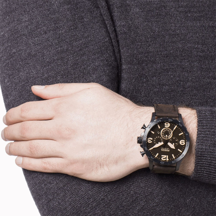 Fossil Nate Chronograph Brown Dial Brown Leather Strap Watch for Men - JR1487