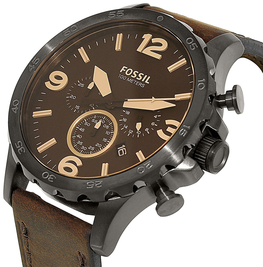 Fossil Nate Chronograph Brown Dial Brown Leather Strap Watch for Men - JR1487