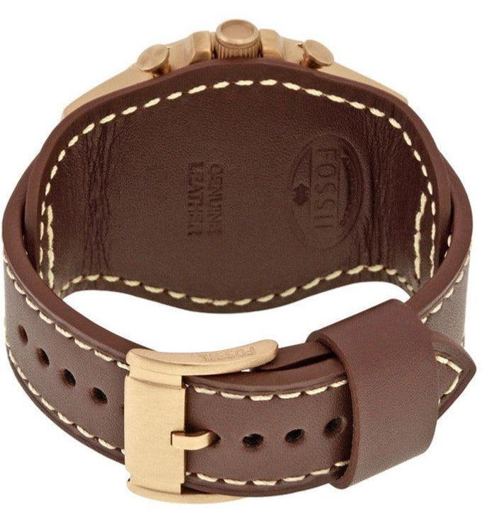 Fossil Nate Chronograph Gold Dial Brown Leather Strap Watch for Men - JR1495