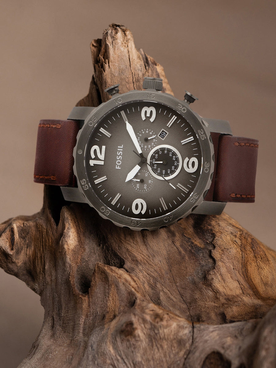 Fossil Nate Chronograph Grey Dial Brown Leather Strap Watch for Men - JR1424