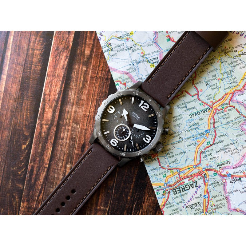 Fossil Nate Chronograph Grey Dial Brown Leather Strap Watch for Men - JR1424