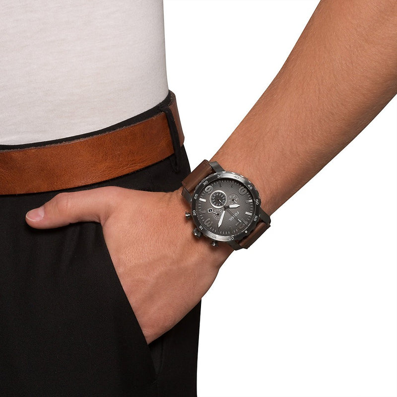 Fossil Nate Chronograph Grey Dial Brown Leather Strap Watch for Men - JR1424