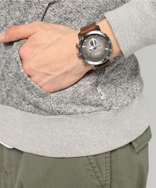 Fossil Nate Chronograph Grey Dial Brown Leather Strap Watch for Men - JR1424