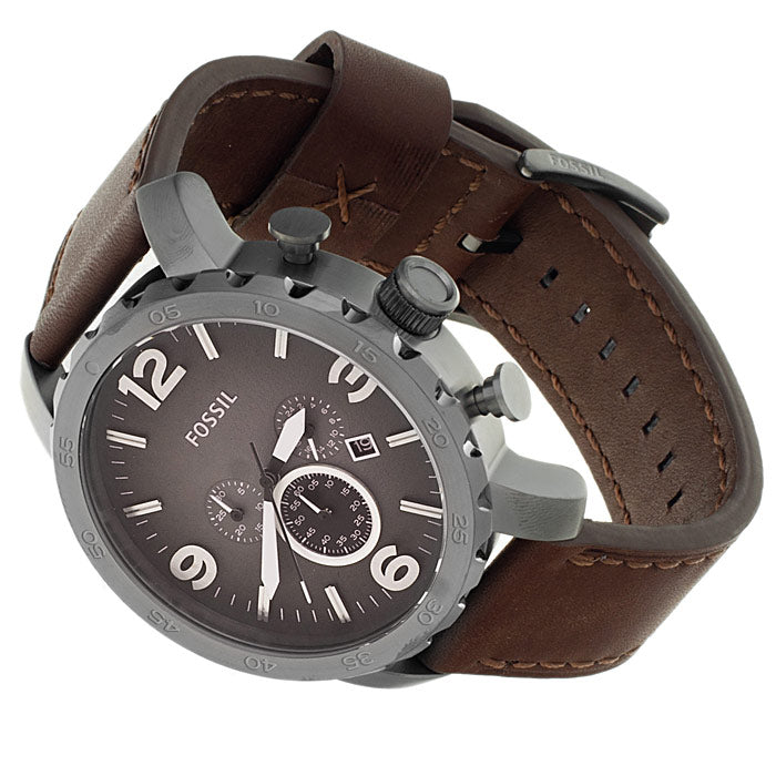 Fossil Nate Chronograph Grey Dial Brown Leather Strap Watch for Men - JR1424