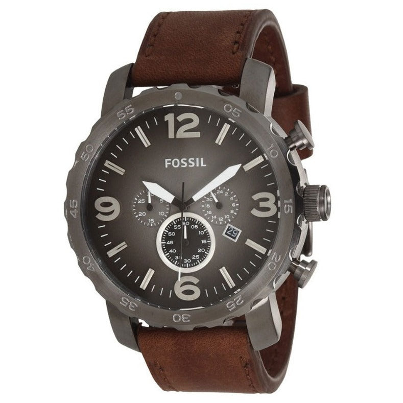 Fossil Nate Chronograph Grey Dial Brown Leather Strap Watch for Men - JR1424