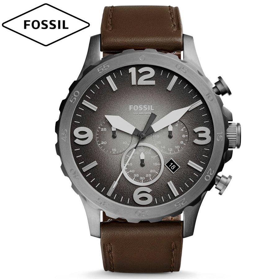 Fossil Nate Chronograph Grey Dial Brown Leather Strap Watch for Men - JR1424