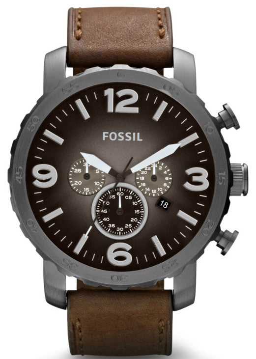 Fossil Nate Chronograph Grey Dial Brown Leather Strap Watch for Men - JR1424