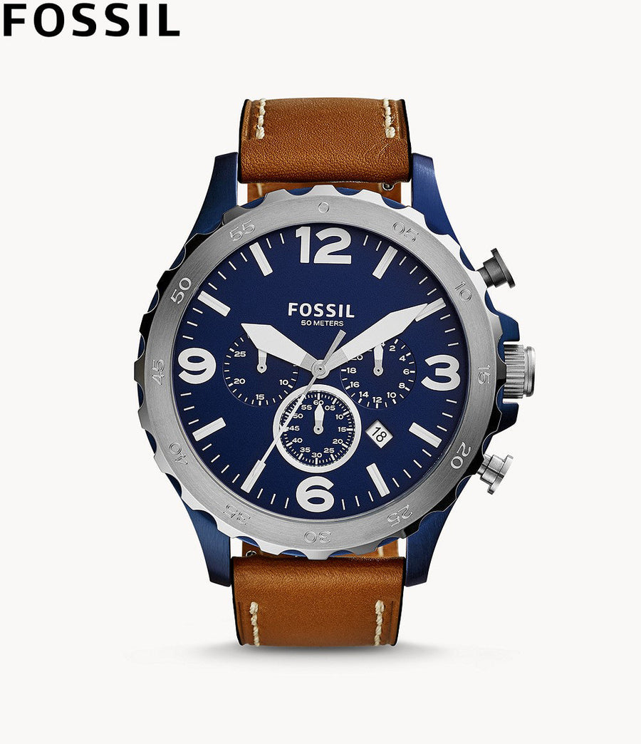 Fossil Nate Chronograph Navy Blue Dial Brown Leather Strap Watch for Men - JR1504