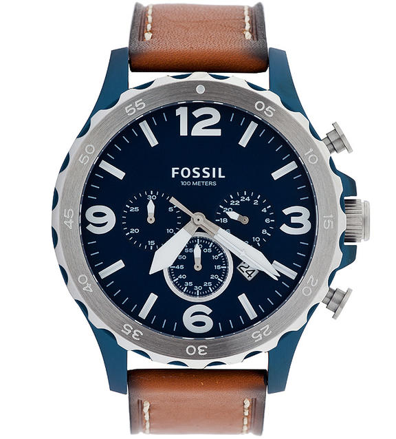 Fossil Nate Chronograph Navy Blue Dial Brown Leather Strap Watch for Men - JR1504