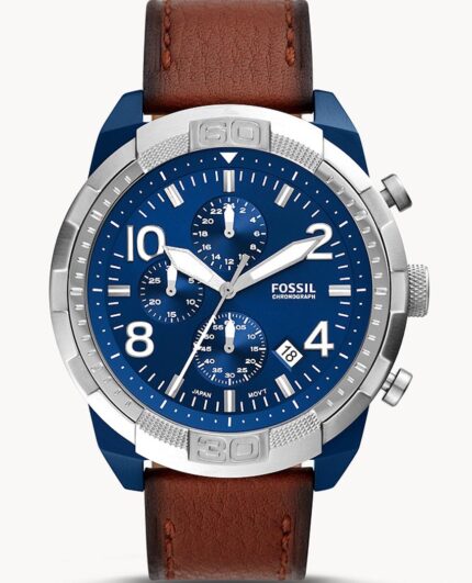 Fossil Nate Chronograph Navy Blue Dial Brown Leather Strap Watch for Men - JR1504