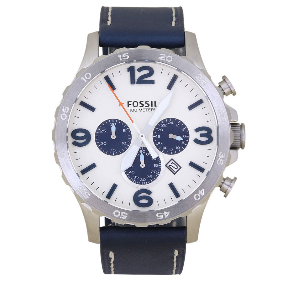 Fossil Nate Chronograph White Dial Blue Leather Strap Watch for Men - JR1480