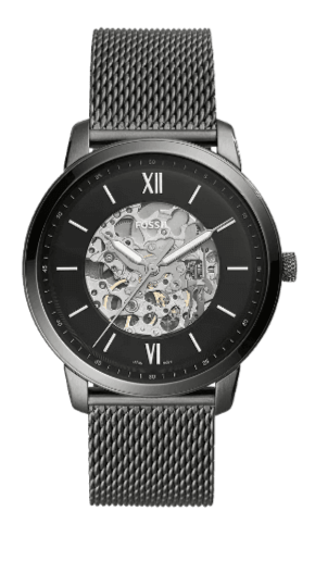 Fossil Neutra Automatic Skeleton Black Dial Grey Mesh Strap Watch for Men - ME3185
