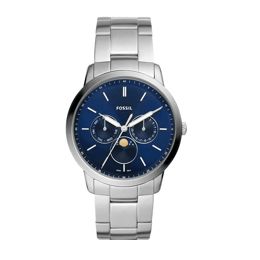 Fossil Neutra Minimalist Moonphase Blue Dial Silver Steel Strap Watch for Men - FS5907
