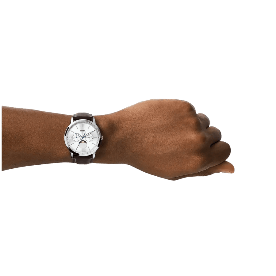Fossil Neutra Minimalist Moonphase Silver Dial Brown Leather Strap Watch for Men - FS5905