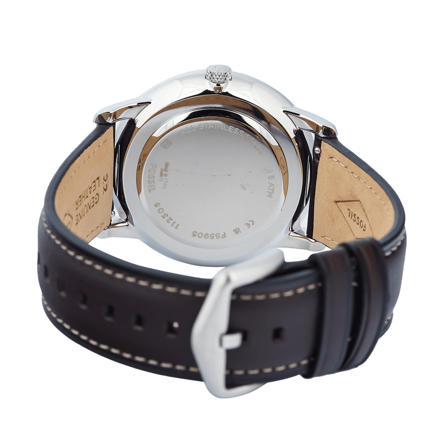 Fossil Neutra Minimalist Moonphase Silver Dial Brown Leather Strap Watch for Men - FS5905