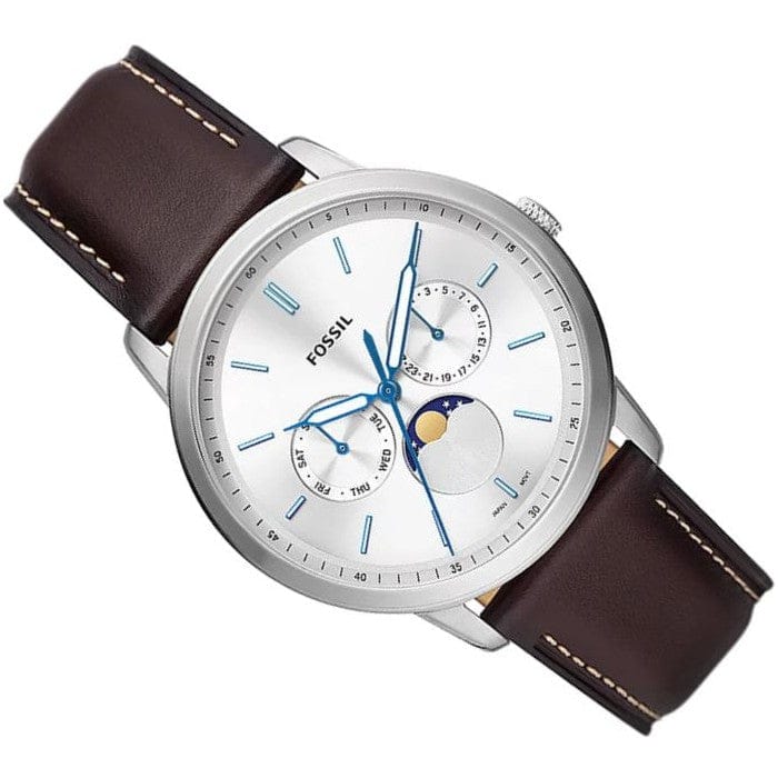 Fossil Neutra Minimalist Moonphase Silver Dial Brown Leather Strap Watch for Men - FS5905