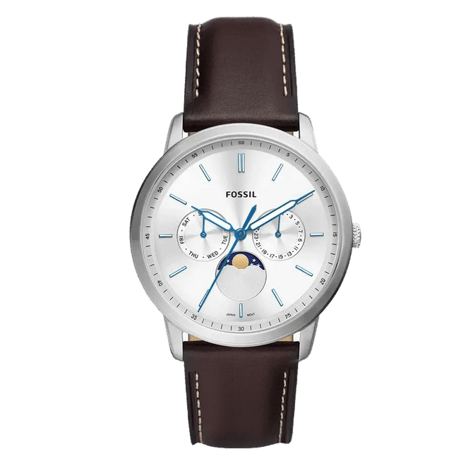 Fossil Neutra Minimalist Moonphase Silver Dial Brown Leather Strap Watch for Men - FS5905