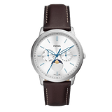 Fossil Neutra Minimalist Moonphase Silver Dial Brown Leather Strap Watch for Men - FS5905