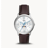Fossil Neutra Minimalist Moonphase Silver Dial Brown Leather Strap Watch for Men - FS5905