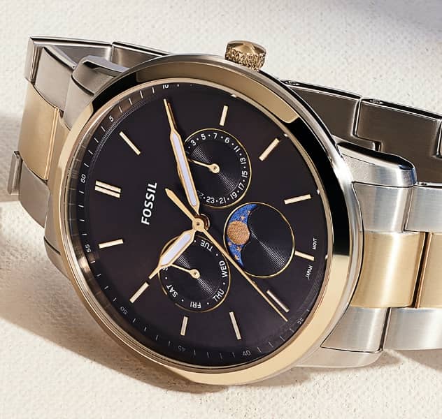 Fossil Neutra Moonphase Multifunction Black Dial Two Tone Steel Strap Watch for Men - FS5906