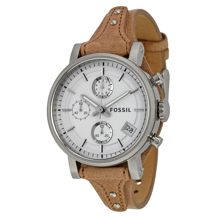 Fossil Boyfriend Chronograph White Dial Brown Leather Strap Watch for Women - ES3625