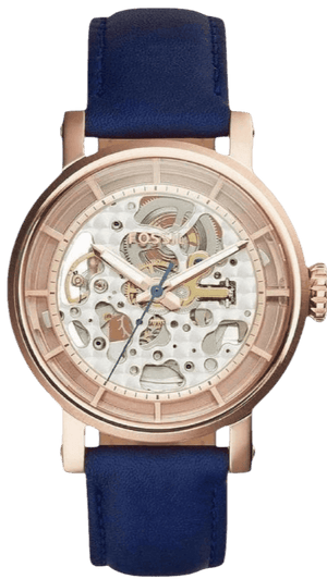 Fossil Original Boyfriend Skeleton White Dial Blue Leather Strap Watch for Women - ME3086