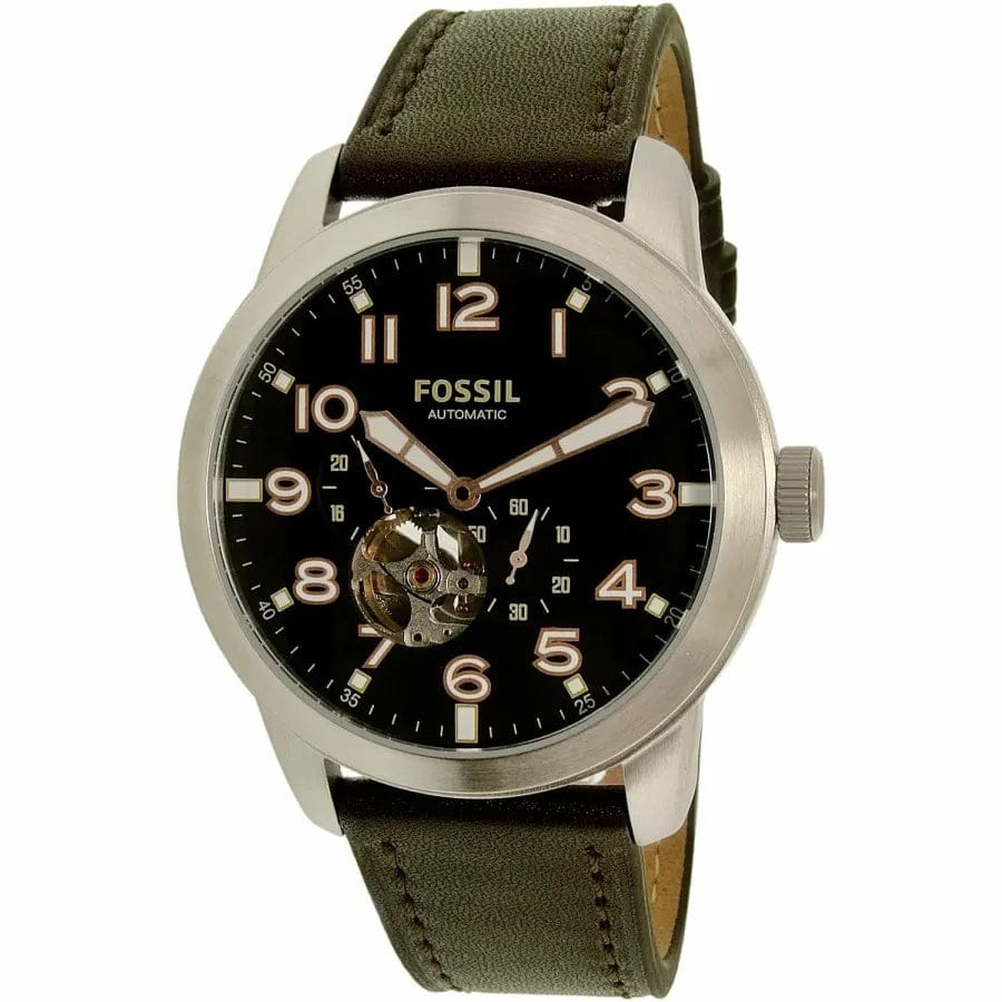 Fossil Pilot 54 Automatic Black Dial Brown Leather Strap Watch for Men - ME3118