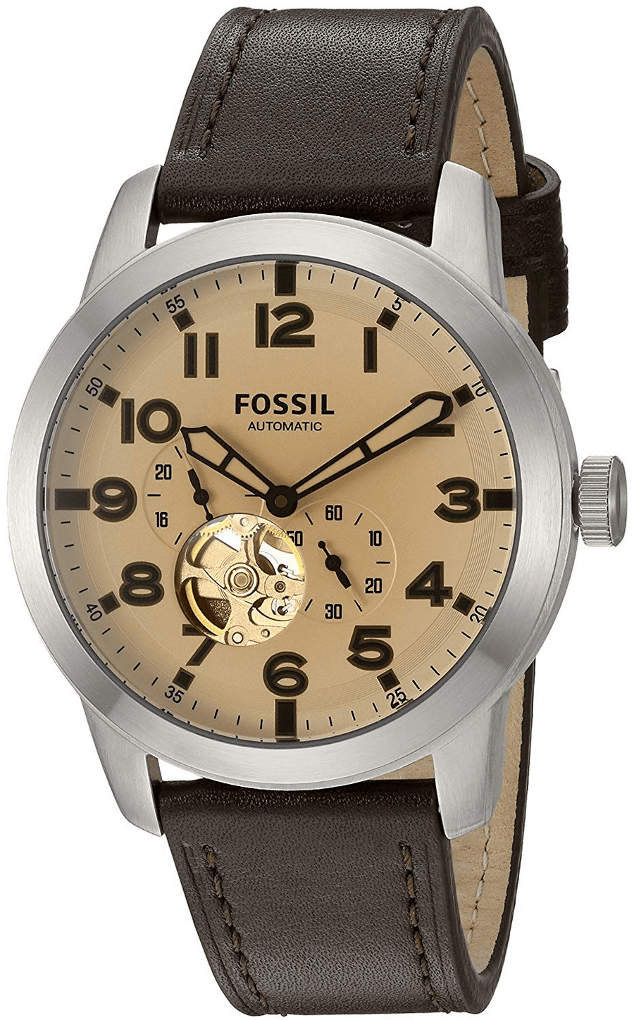 Fossil Pilot 54 Automatic Cream Dial Brown Leather Strap Watch for Men - ME3119