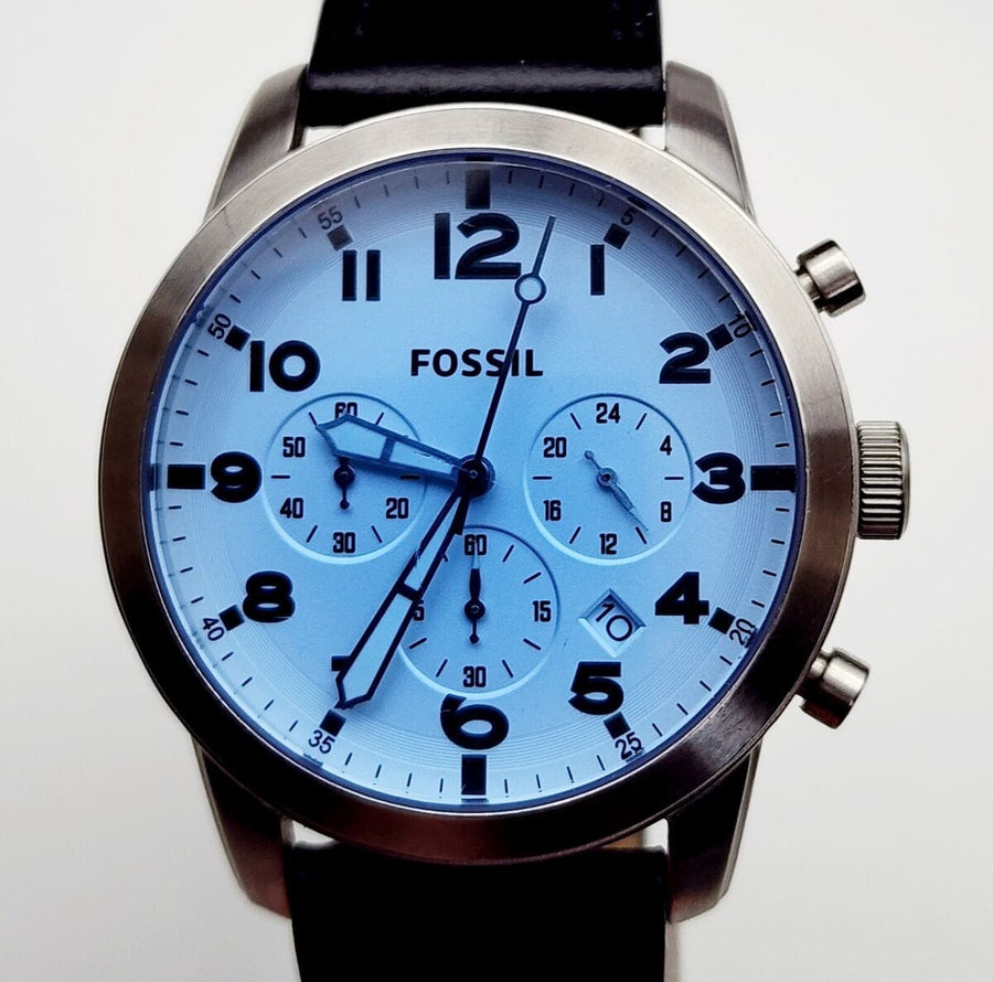 Fossil Pilot Chronograph Sky Blue Dial Black Leather Strap Watch for Men - FS5162