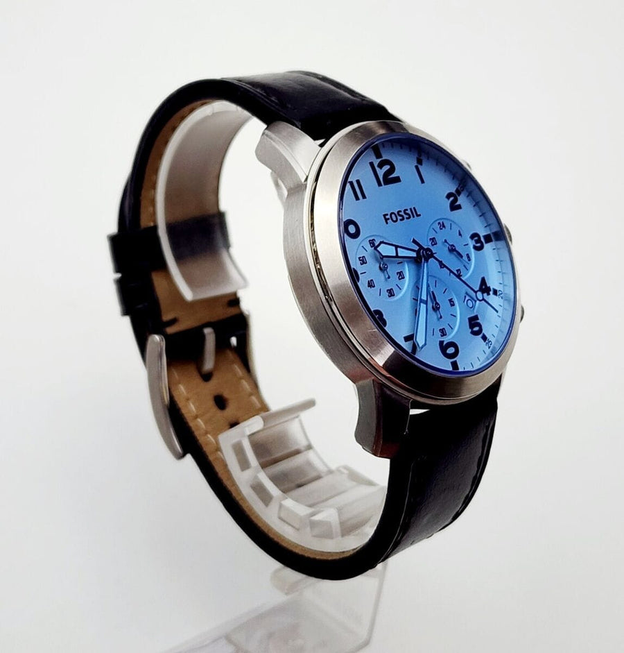 Fossil Pilot Chronograph Sky Blue Dial Black Leather Strap Watch for Men - FS5162