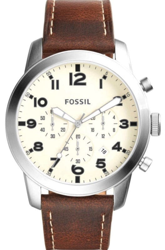 Fossil Pilot Chronograph White Dial Brown Leather Strap Watch for Men - FS5146