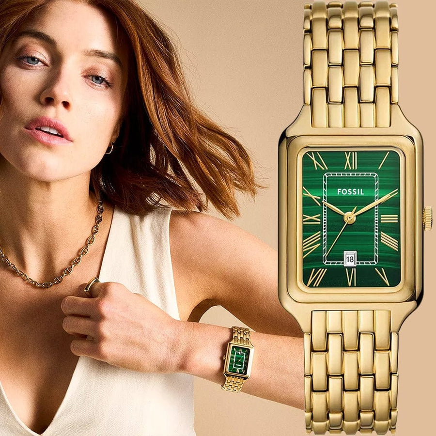 Fossil Raquel Three Hand Date Green Dial Gold Steel Strap Watch For Women - ES5341