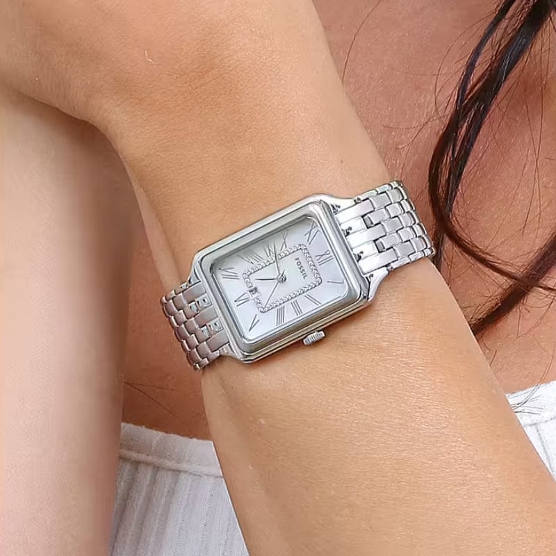 Fossil Raquel Three Hand Date Mother of Pearl Dial Silver Steel Strap Watch for Women - ES5306