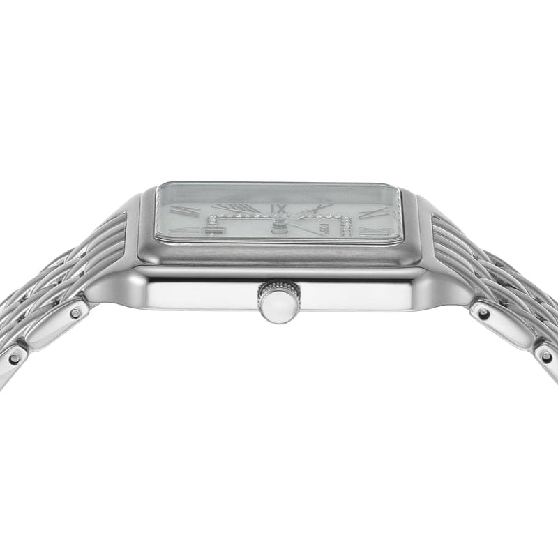 Fossil Raquel Three Hand Date Mother of Pearl Dial Silver Steel Strap Watch for Women - ES5306