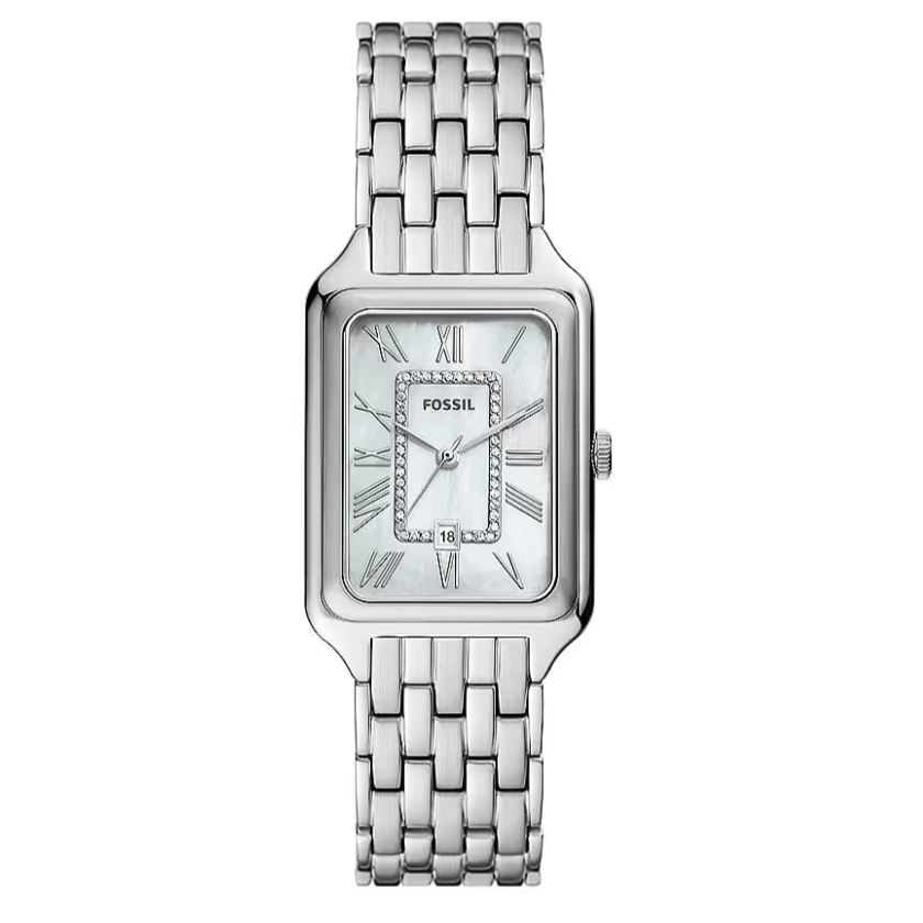 Fossil Raquel Three Hand Date Mother of Pearl Dial Silver Steel Strap Watch for Women - ES5306