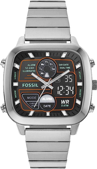 Fossil Retro Analog-Digital Black Dial Silver Steel Strap Watch for Men - FS5890