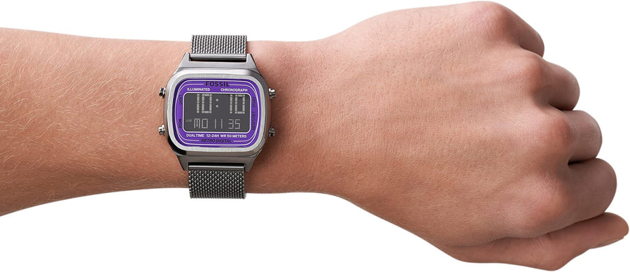 Fossil Retro Digital Purple Dial Grey Mesh Strap Watch for Men - FS5888
