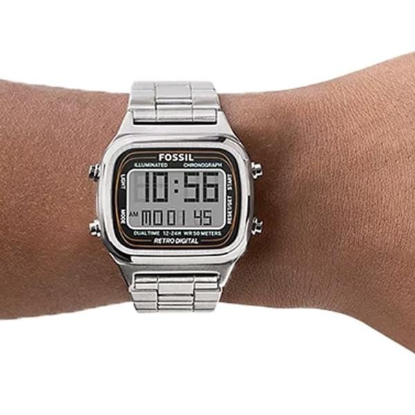 Fossil Retro Digital Silver Dial Silver Steel Strap Watch for Men - FS5844