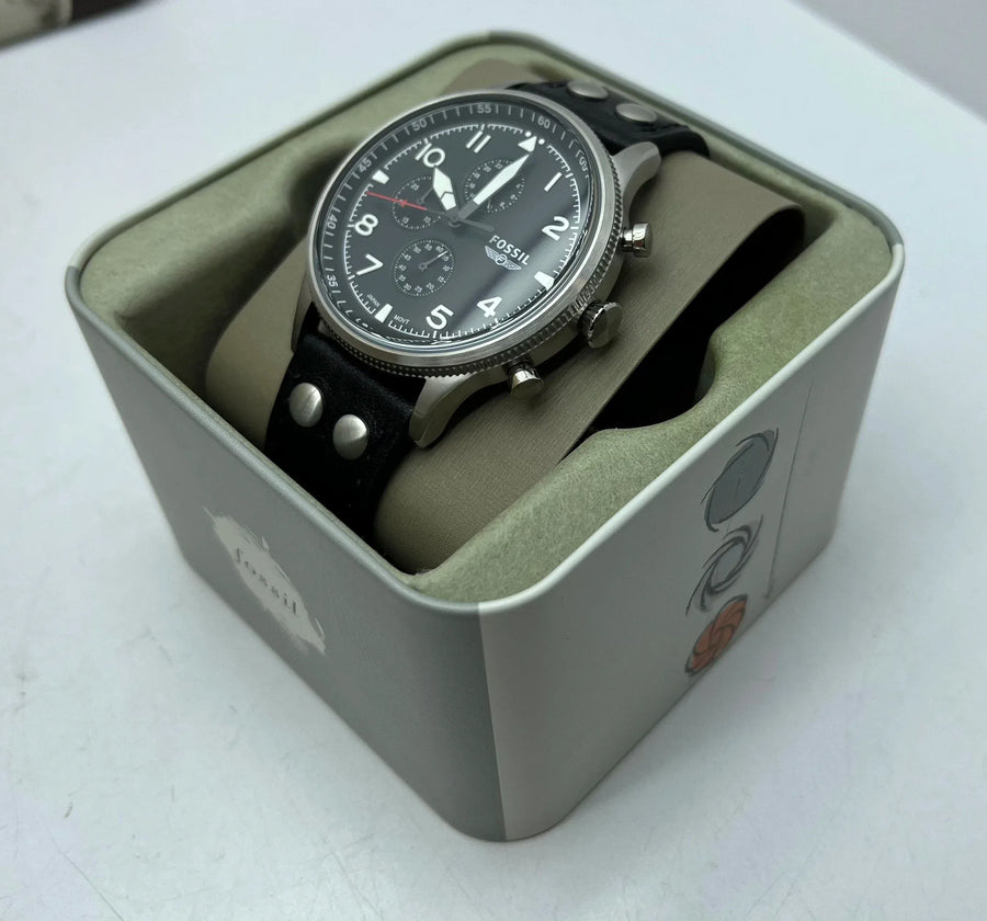 Fossil Retro Pilot Chronograph Black Dial Black Leather Strap Watch for Men - FS5806