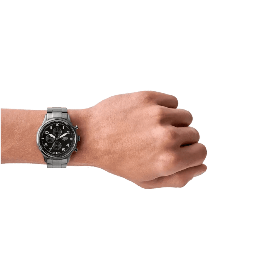 Fossil Retro Pilot Chronograph Black Dial Grey Steel Strap Watch for Men - FS5834