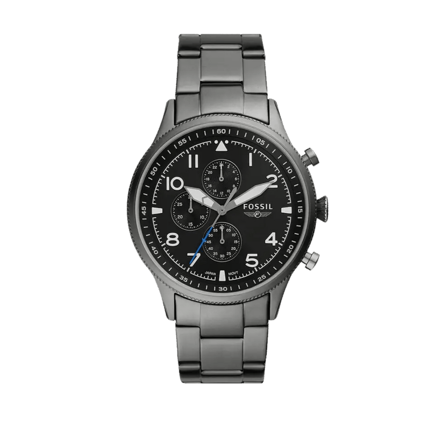 Fossil Retro Pilot Chronograph Black Dial Grey Steel Strap Watch for Men - FS5834