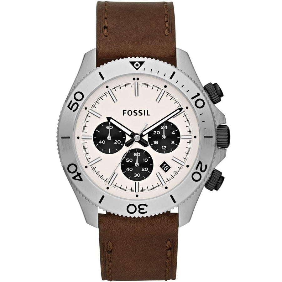 Fossil Retro Traveler Chronograph White Dial Brown Leather Strap Watch for Men - CH2886