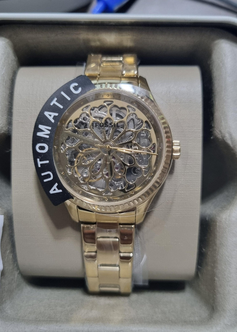 Fossil Rye Automatic Skeleton Gold Dial Gold Steel Strap Watch for Women - BQ3755