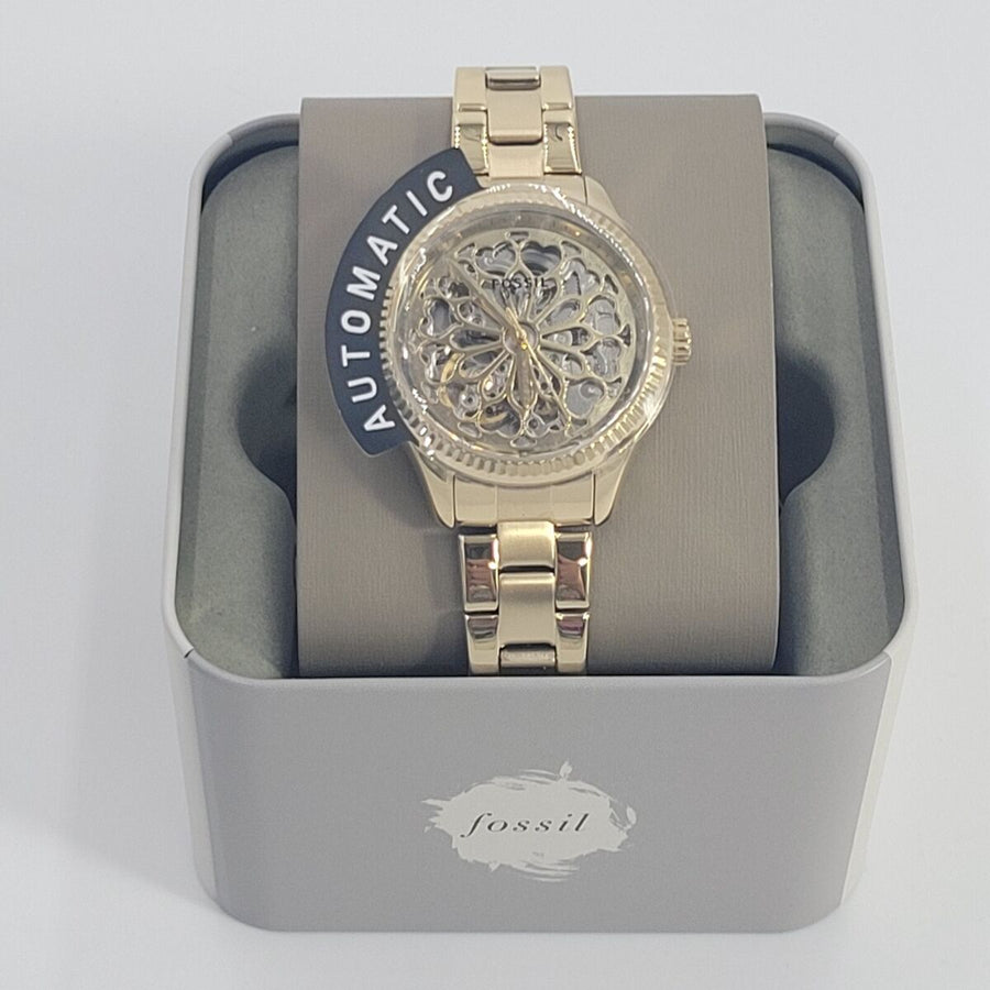 Fossil Rye Automatic Skeleton Gold Dial Gold Steel Strap Watch for Women - BQ3755