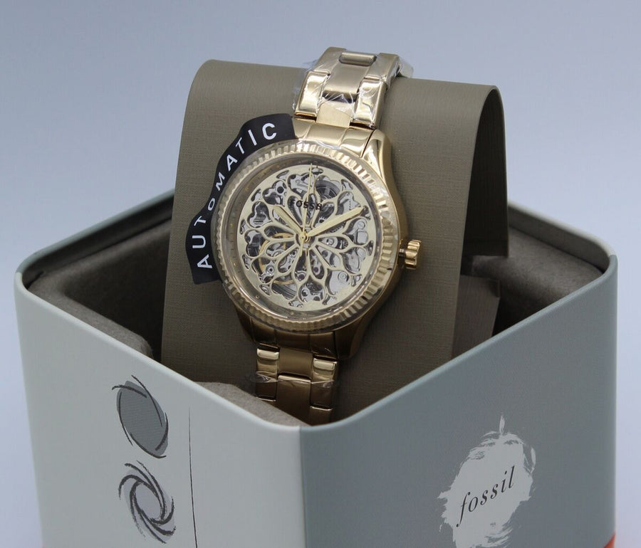 Fossil Rye Automatic Skeleton Gold Dial Gold Steel Strap Watch for Women - BQ3755
